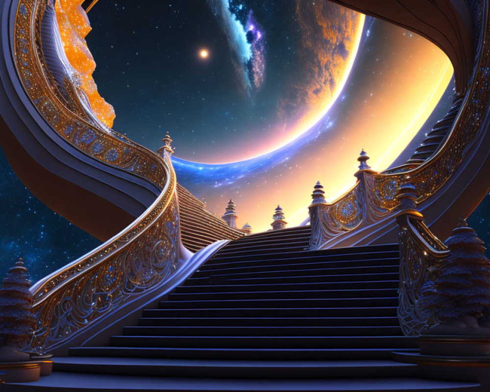 Ornate Staircase Ascending in Starry Sky with Galaxy and Silhouetted Pine