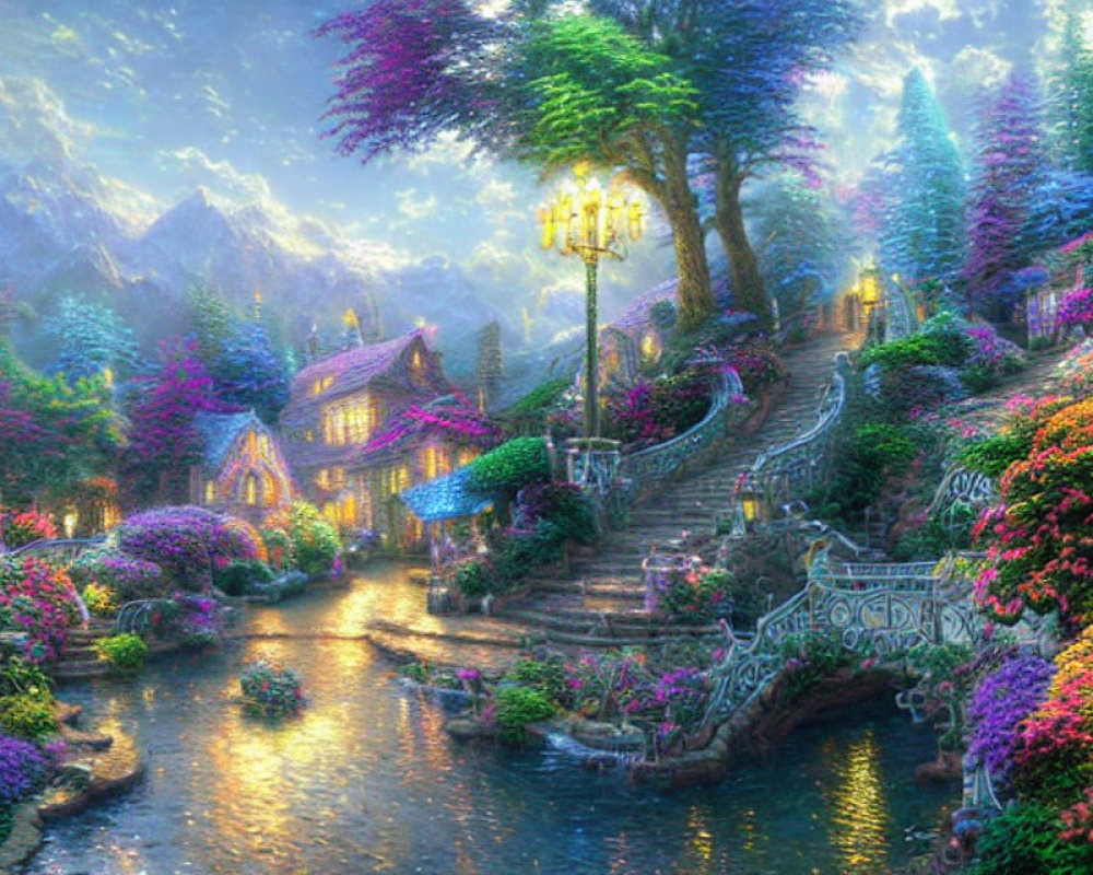 Colorful fantasy landscape with village, river, mountains at dusk