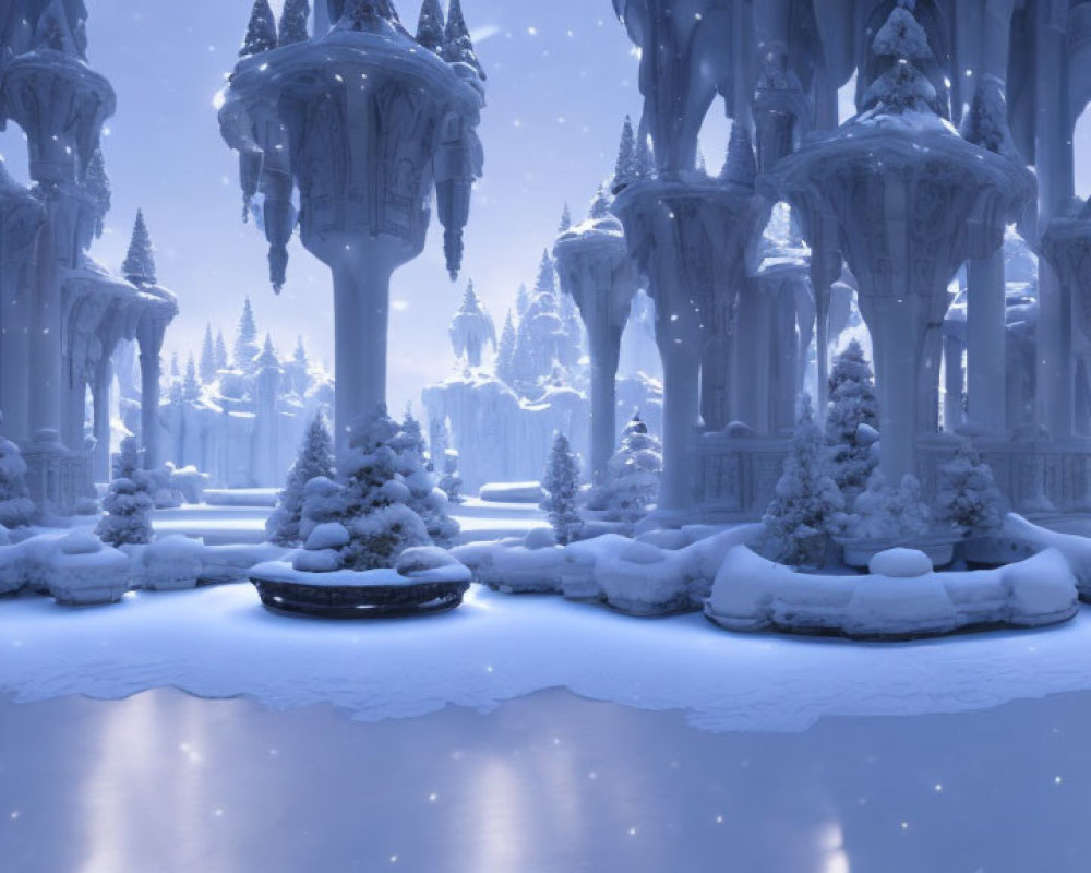 Snow-covered landscape with ice palace and pine trees under blue sky