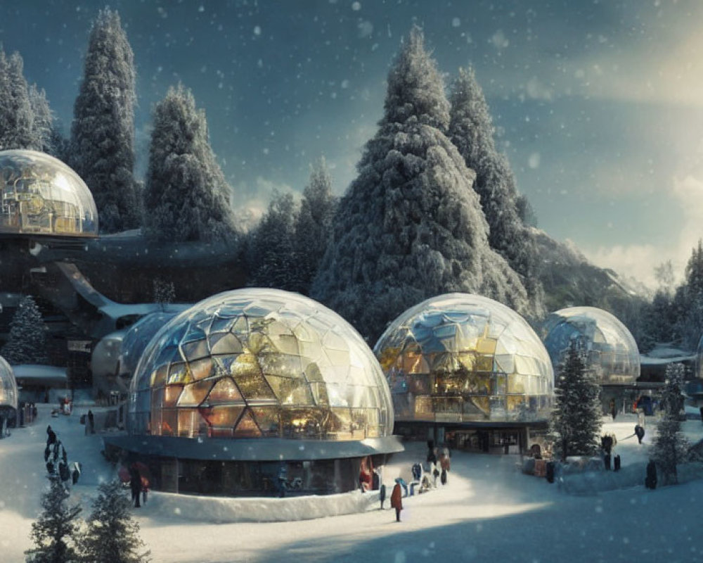 Snowy forest scene with futuristic glass domes and people mingling underneath.