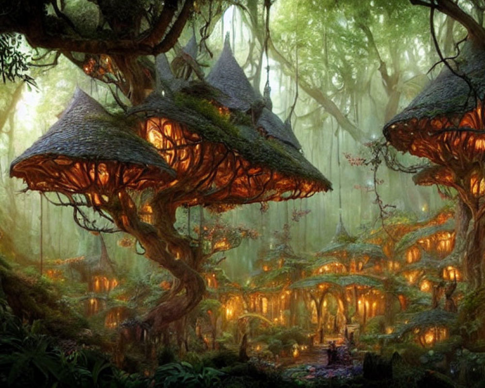 Enchanted Forest with Mushroom-Shaped Houses and Glowing Lights