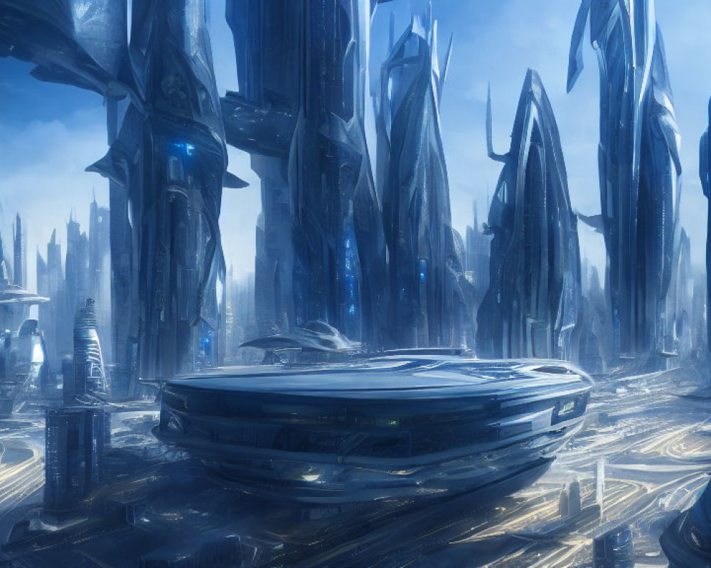 Blue crystalline skyscrapers and futuristic flying vehicle in cityscape