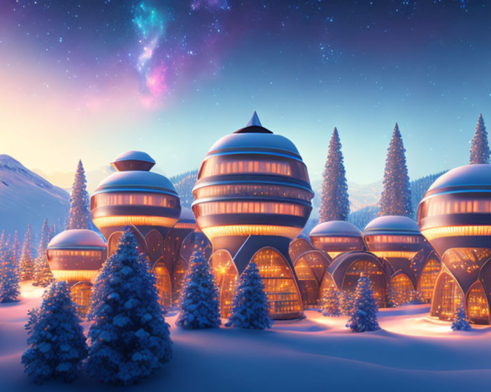 Futuristic domed structures in snow-covered landscape with aurora