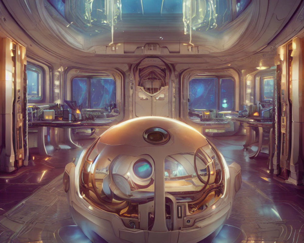 Futuristic spaceship interior with central spherical device and panoramic windows