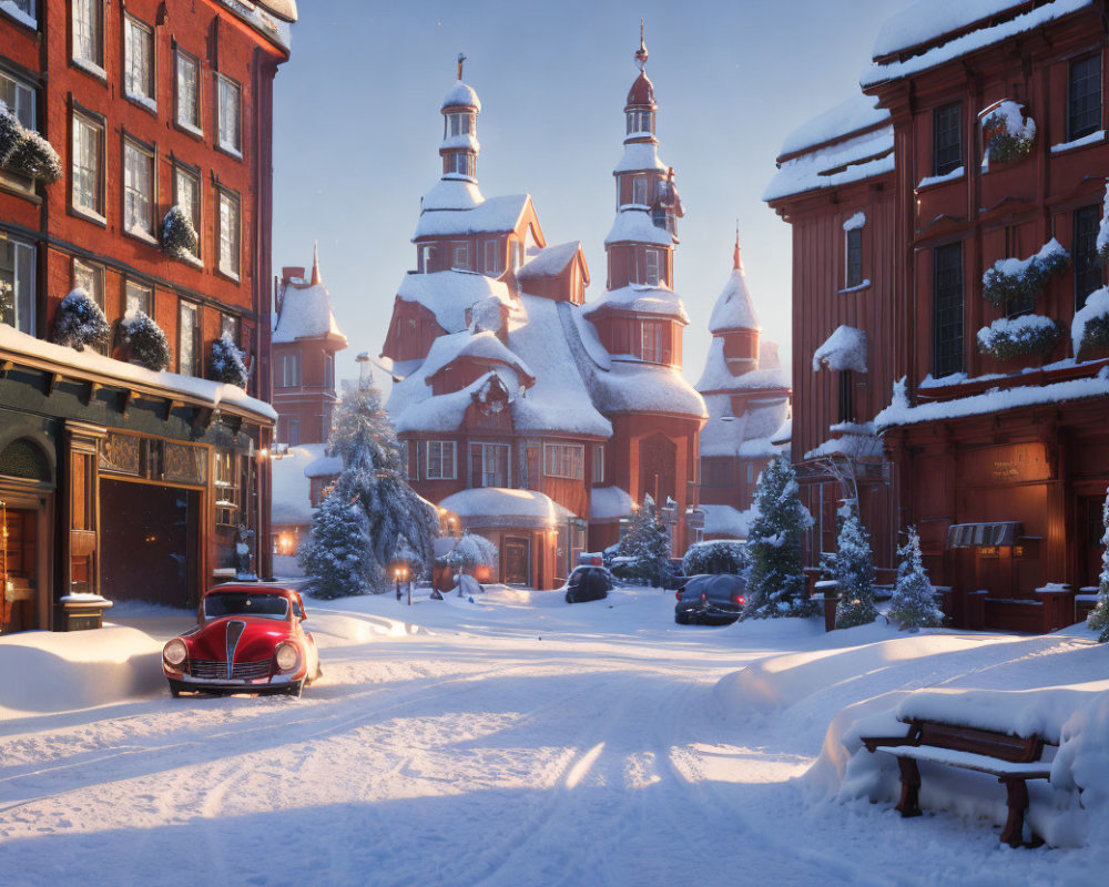 Vintage cars on snow-covered street in twilight town scene