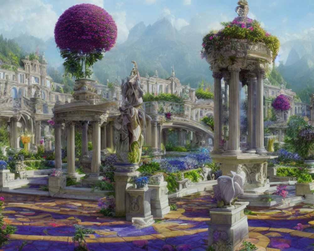 Classical garden with vibrant flowers, statues, and arches set against majestic mountains.