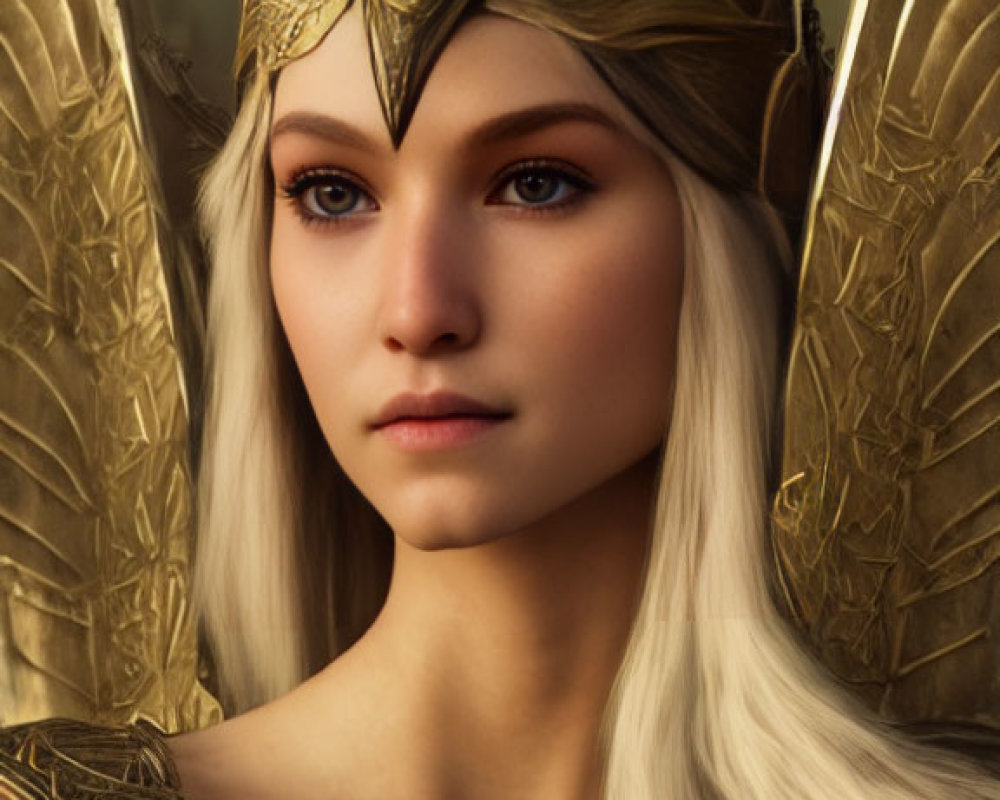 Pale-skinned woman in golden crown and ornate armor exudes regal aura