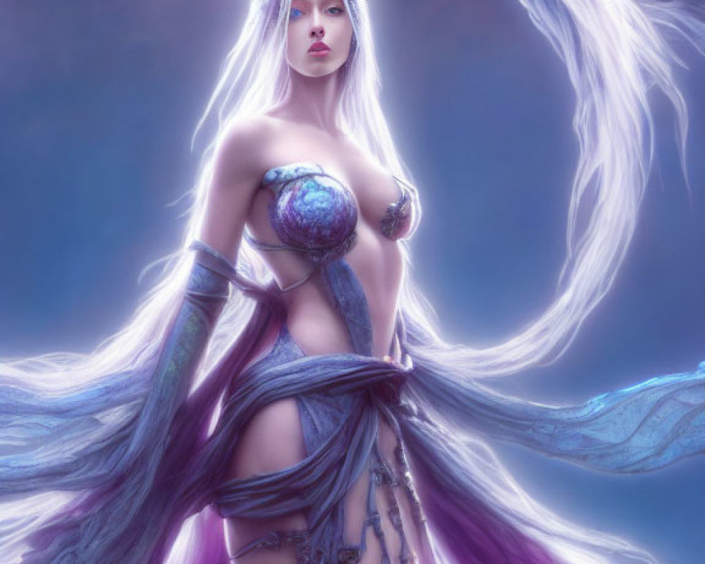 Pale Woman in White Hair and Purple Garments Under Full Moon