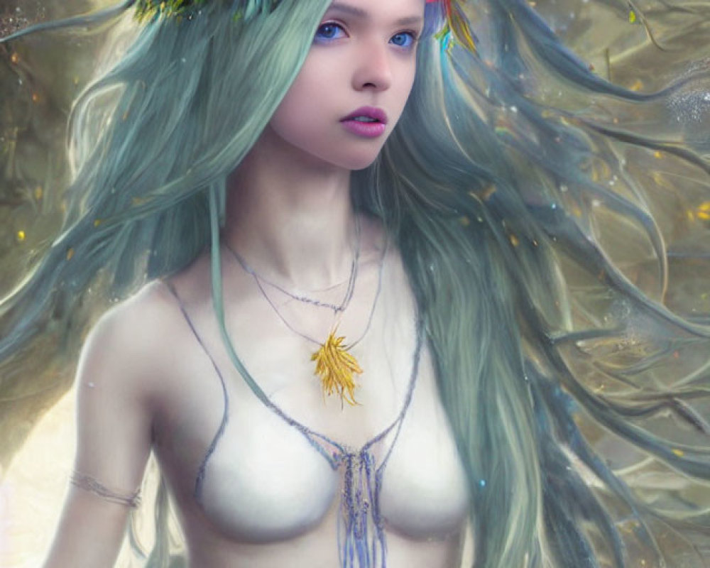 Fantasy portrait of female with teal hair, floral crown, pendant, and ethereal background