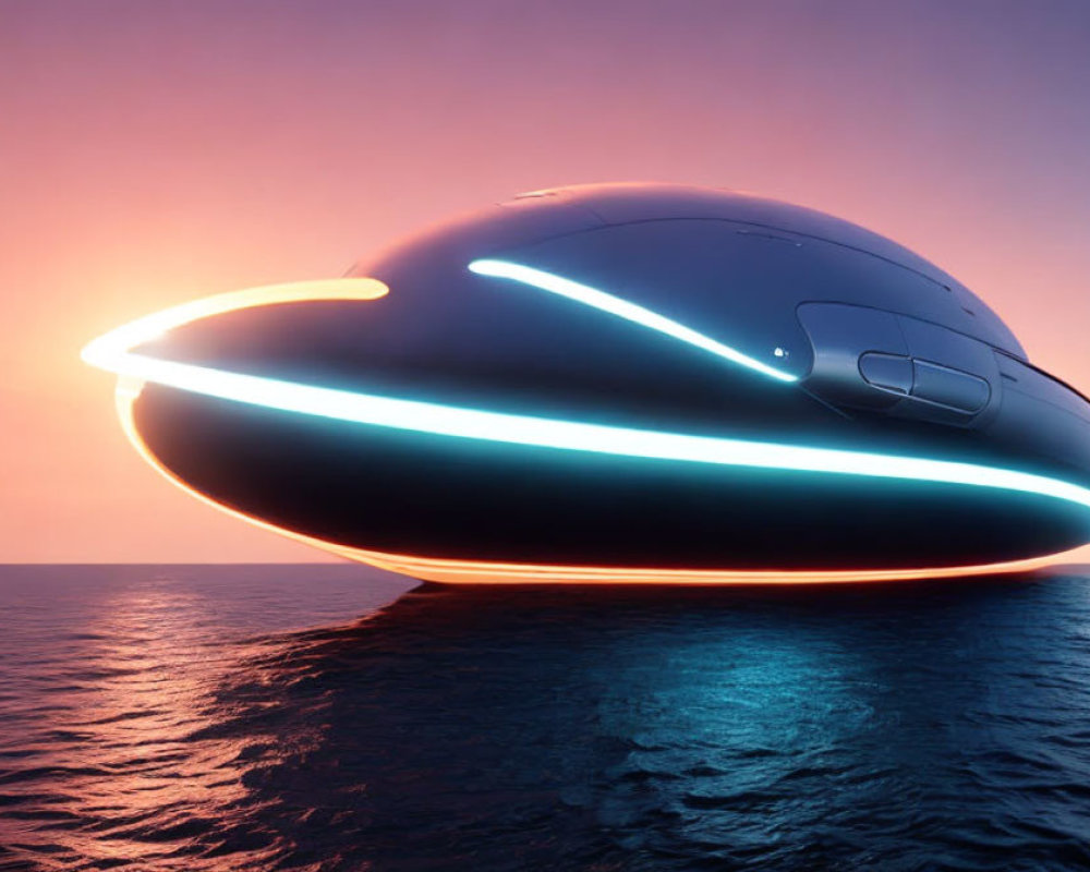 Futuristic spaceship with neon lights over ocean at sunset