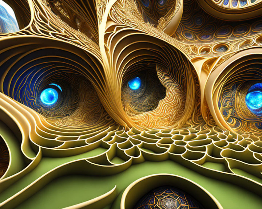 Blue orb fractal art with swirling patterns in gold and brown tones