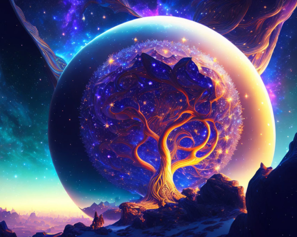 Luminous mystical tree in vibrant cosmic landscape