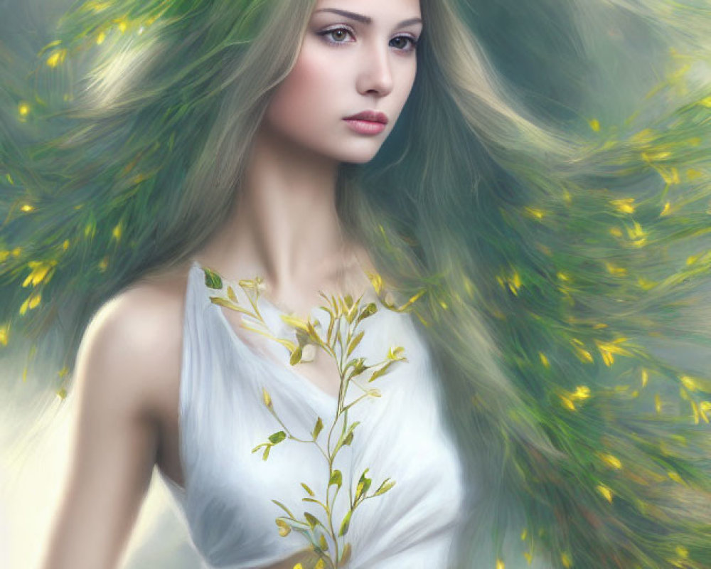 Mystical woman with green hair and floral adornments in white garment.