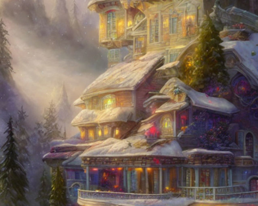 Snowy Holiday Decorated Multi-Story House in Winter Scene