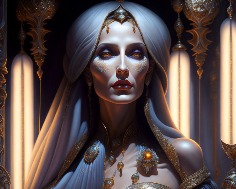 Regal woman with silver hair and gold jewelry in ornate setting