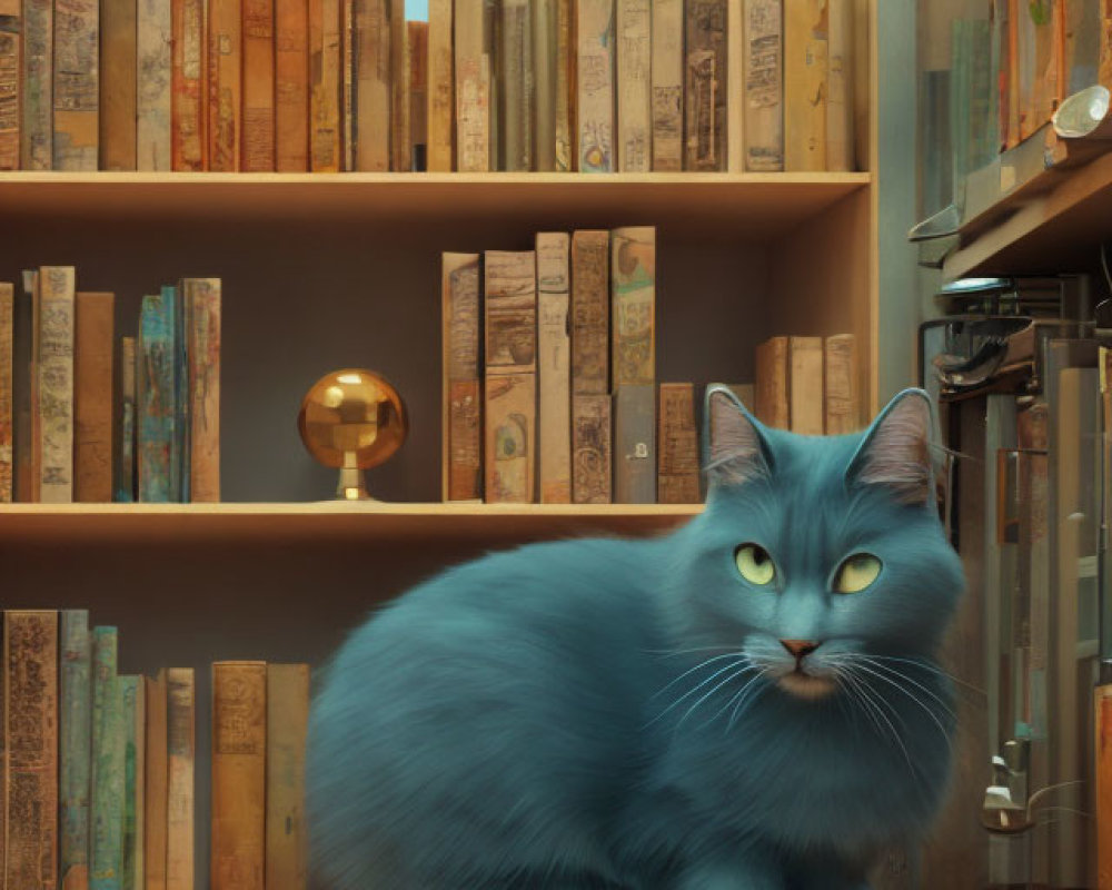 Blue cat with glowing eyes among old books and moonlit night scene.