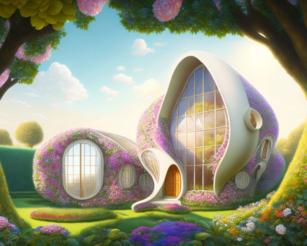 Futuristic egg-shaped house in vibrant garden