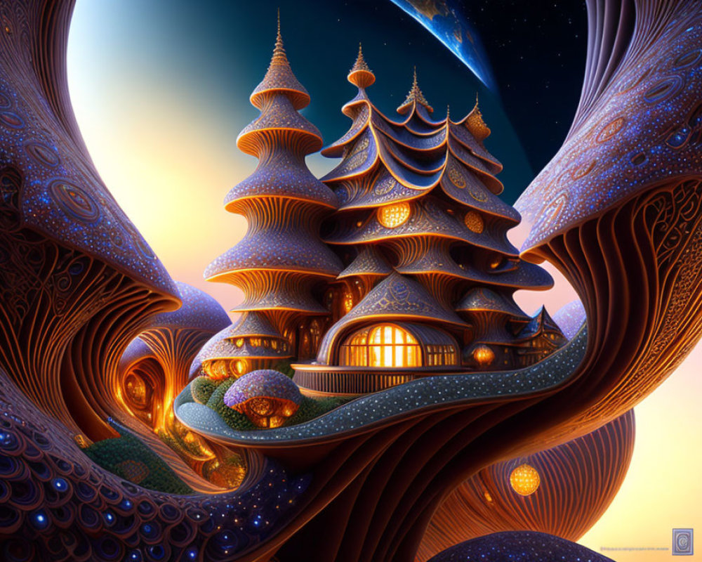 Fantasy landscape with swirling structures and pagoda under starry sky