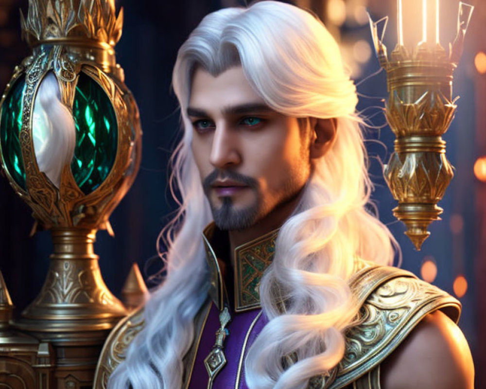 Fantasy king portrait with white hair in gold armor and torch backdrop