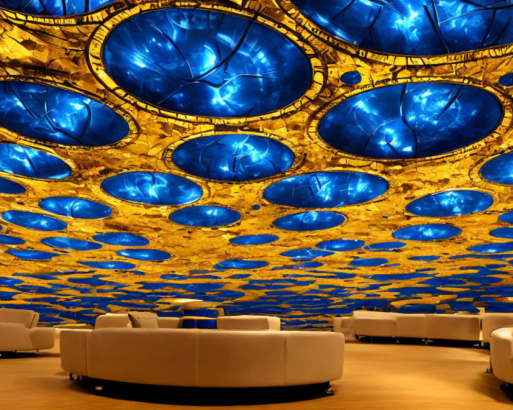 Luxurious interior with golden ceiling, blue dome-shaped decorations, white sofas, and warm lighting