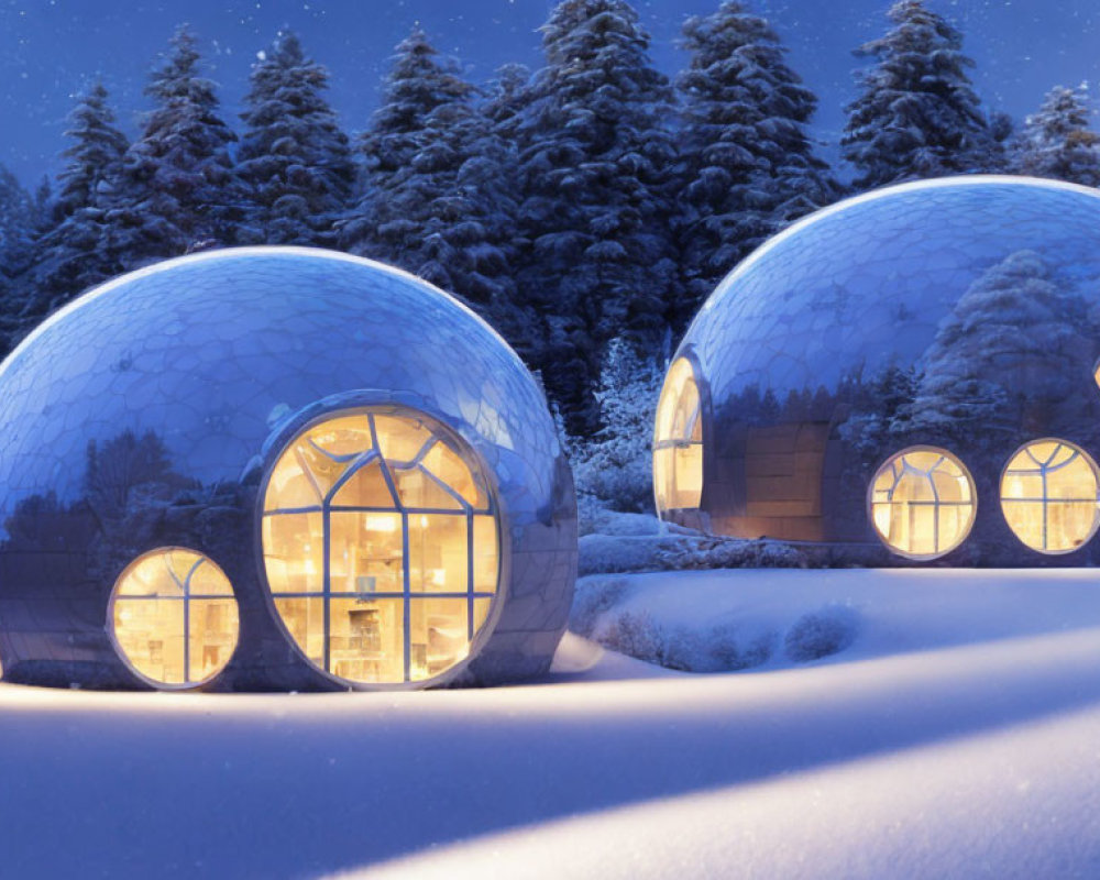 Snowy landscape with dome-shaped structures and pine trees at twilight