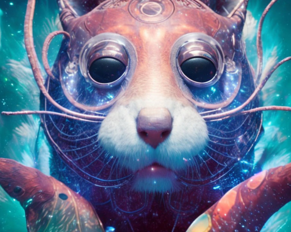 Spacefaring creature with cat face, goggles, antennae, galaxy suit