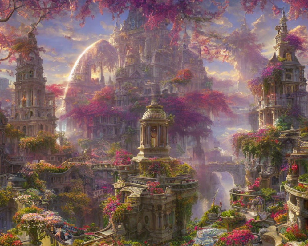 Ethereal fantasy cityscape with lush ruins and pink foliage