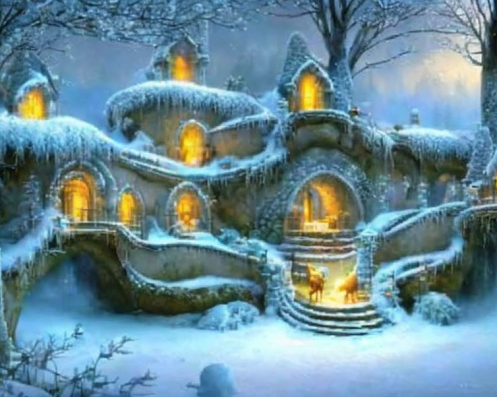 Snow-covered fantasy cottages in enchanting winter scene with glowing windows and illuminated staircase at twilight