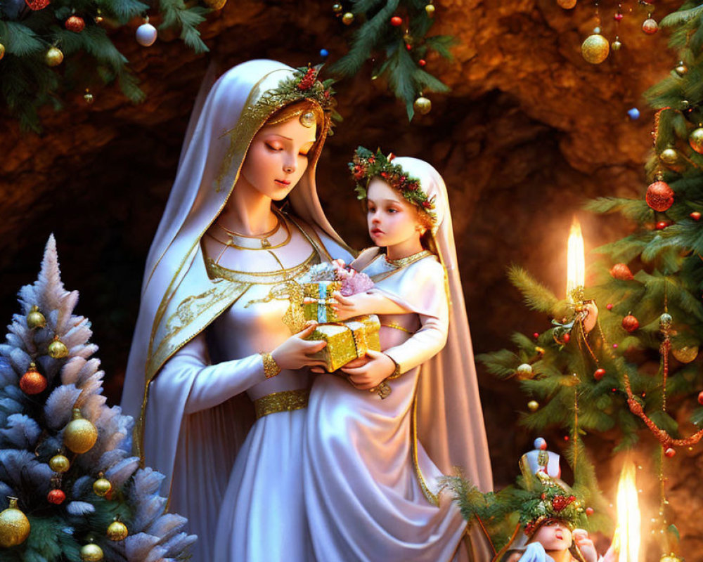 Christmas Tree Figurine Depicting Mary and Child in Candlelight