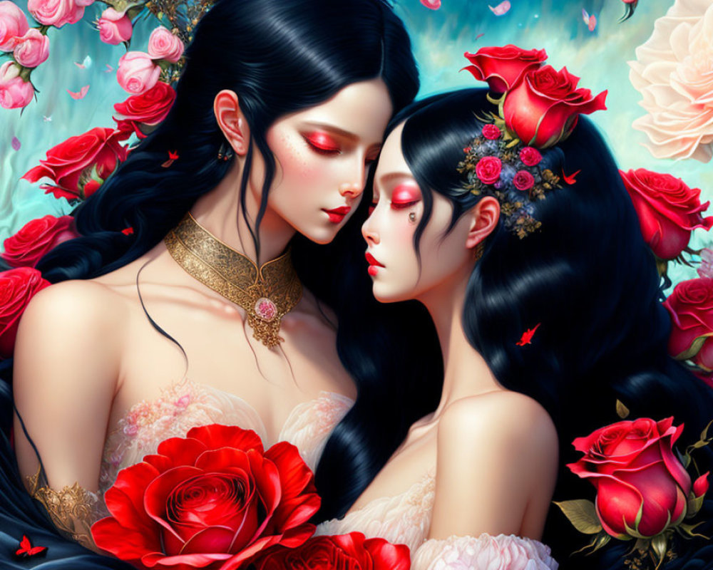 Two Women Embracing with Dark Hair in Floral Setting