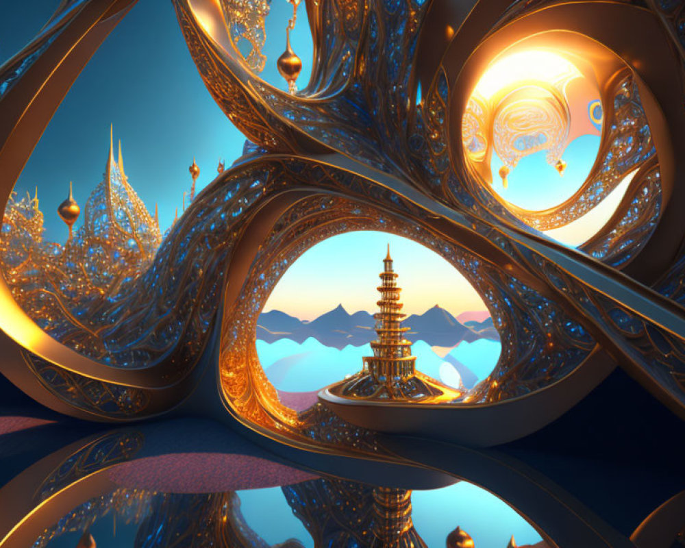 Surreal Fractal Landscape with Golden Structure and Floating Orbs