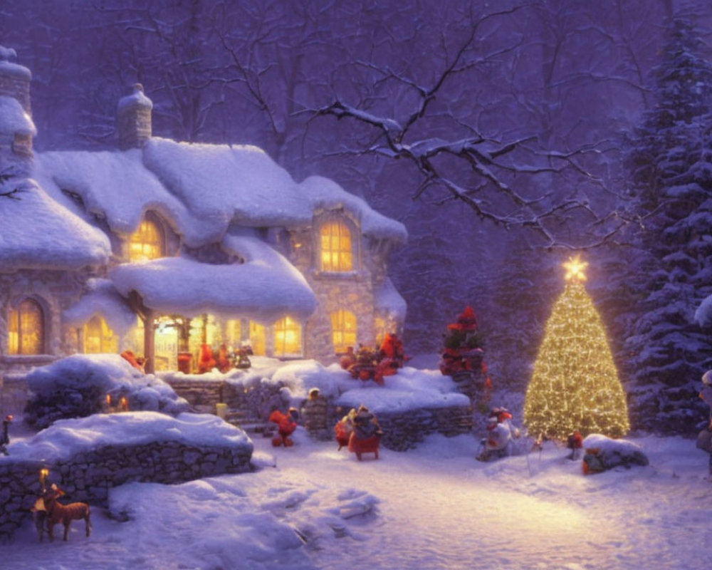 Snow-covered cottage with Christmas tree and warm lights in serene winter scene