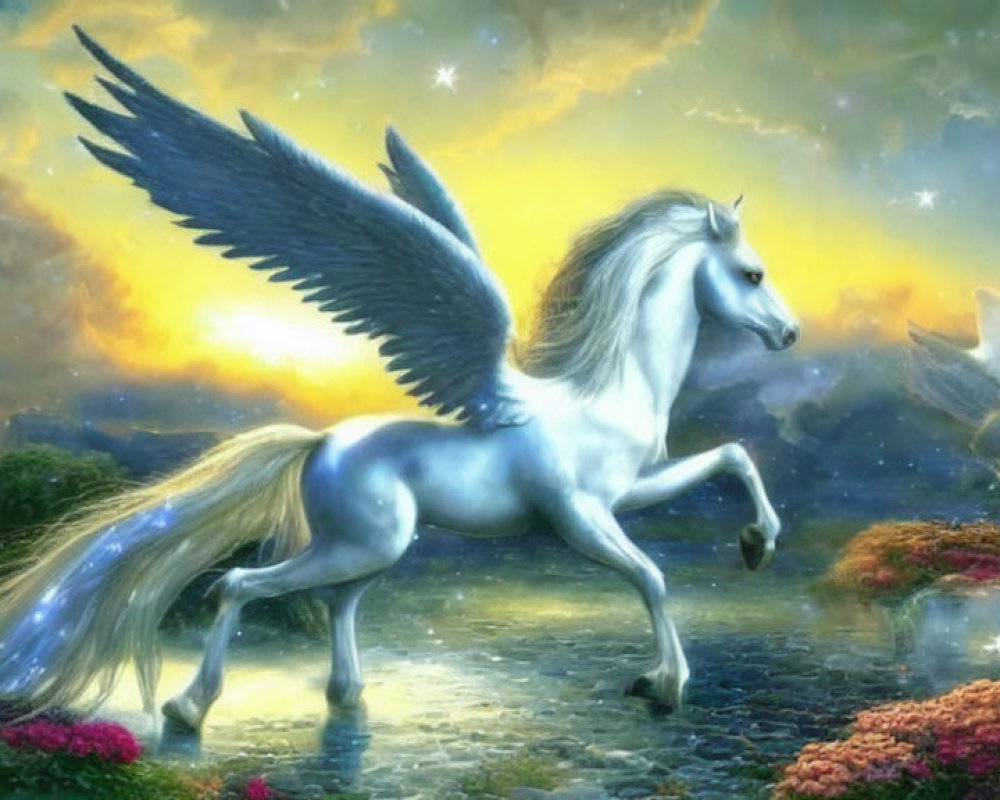 White-winged pegasus galloping in fantasy landscape