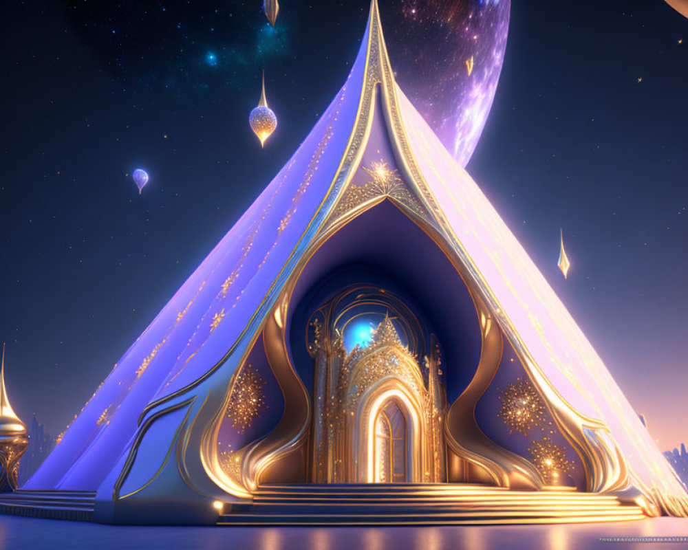 Futuristic palace with pointed arches and floating lanterns under a starry night sky