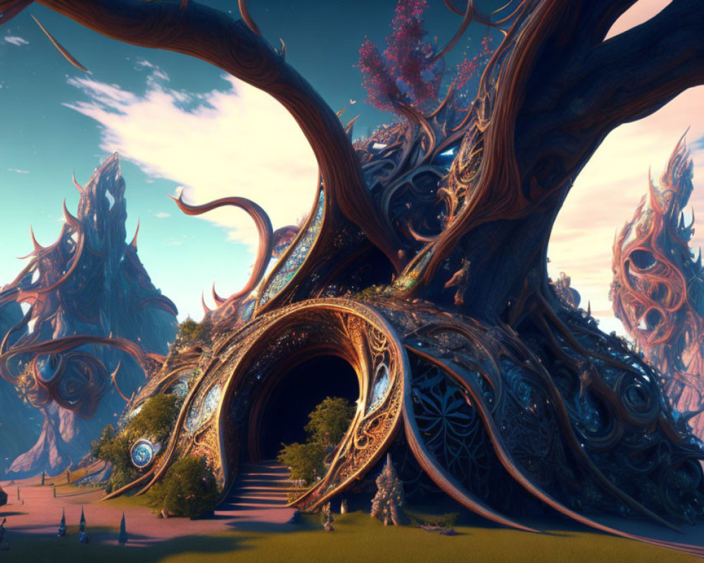 Ornate twisting tree in fantastical landscape with alien plants under azure sky