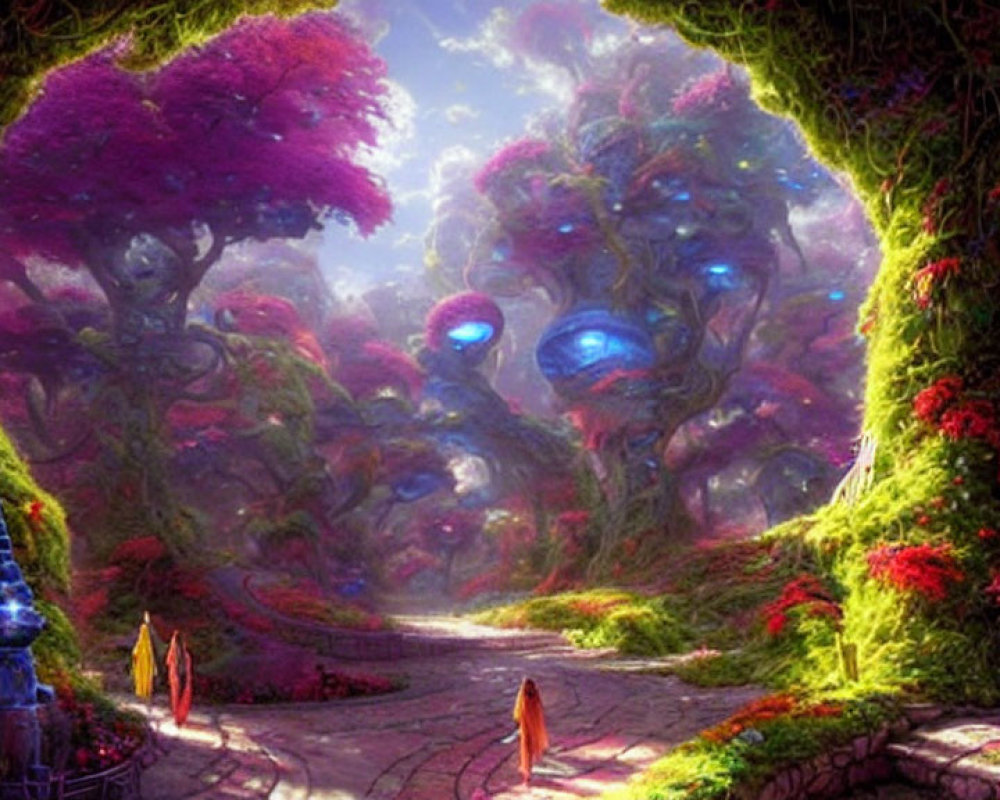 Fantasy landscape with pathway, archway, luminescent trees, purple foliage