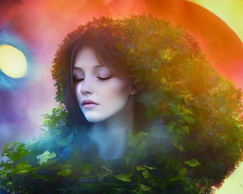 Serene woman in surreal vibrant landscape with lush green cloak