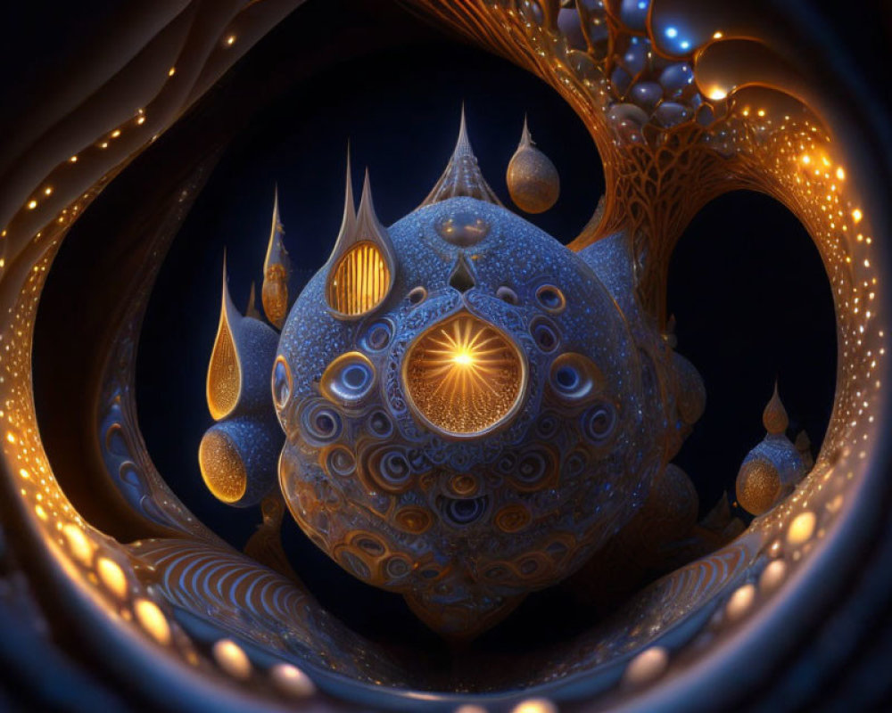 Intricate Glowing Spherical Fractal Art in Dark Background