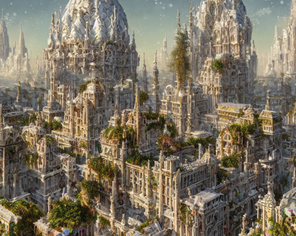 Detailed cityscape with towering ornate buildings and lush greenery under a hazy sky