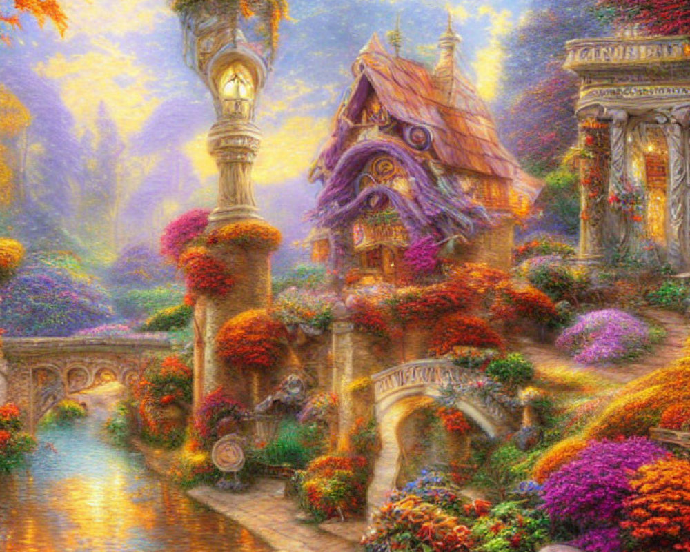 Fantasy garden with cottage, stone bridge, stream, and autumn trees