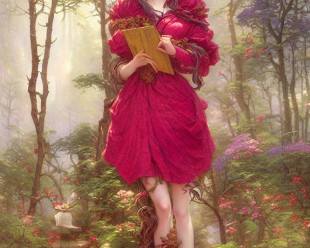 Illustration of woman with elfin features in red dress in forest glade