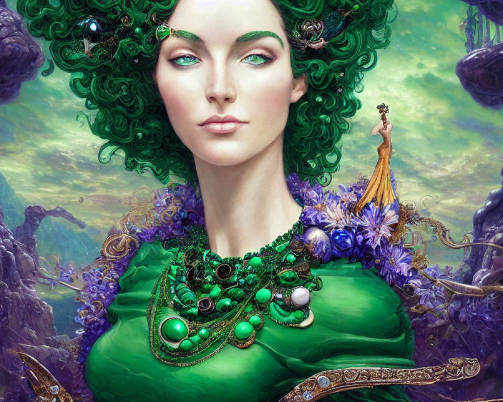 Fantastical Woman with Green Hair and Jewelry in Violet Floral Background