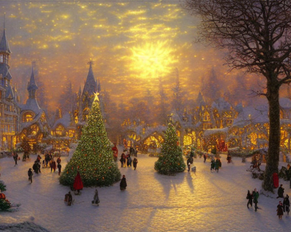 Snow-covered streets and festive Christmas decorations in a quaint winter village.