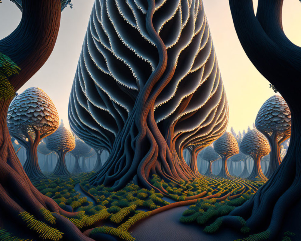 Surreal forest scene with winding path and intricate tree trunks