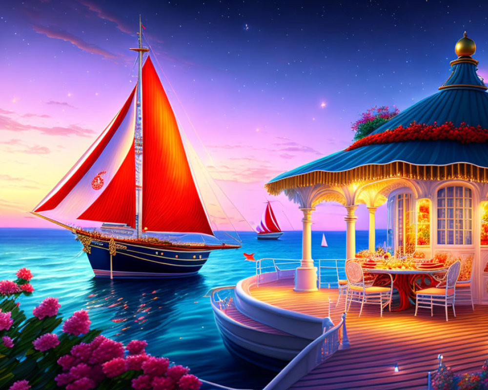 Colorful digital artwork: sailboat with red sails at dock under starry twilight.