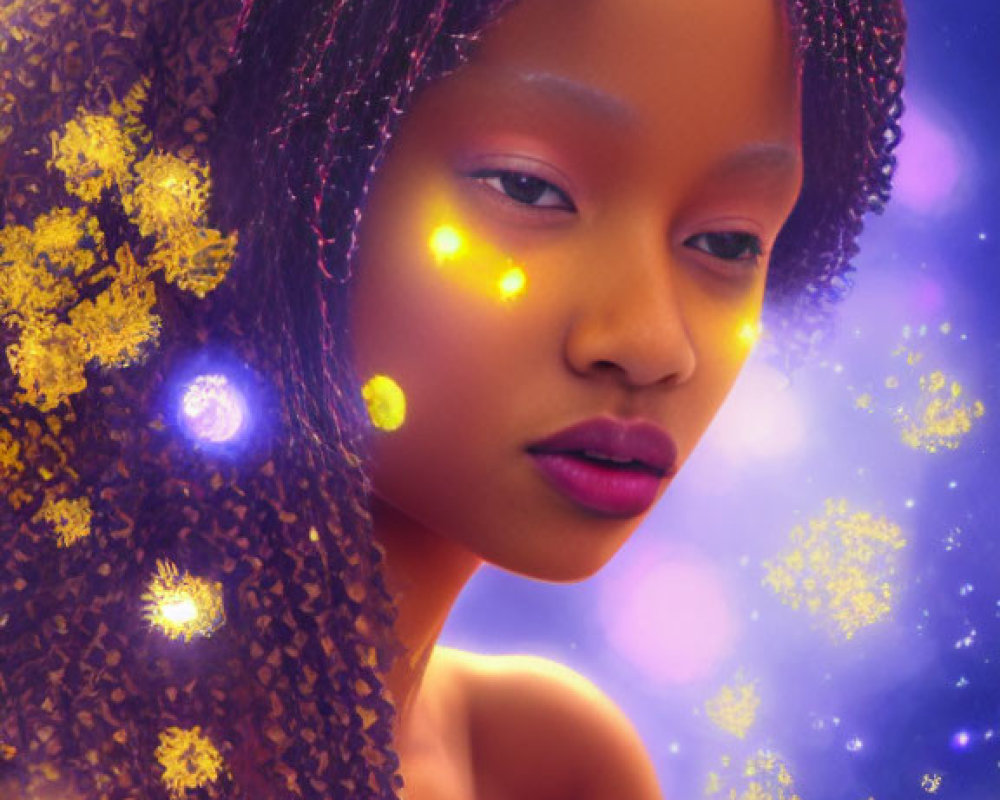 Digital art portrait of young woman with golden lights on starry backdrop