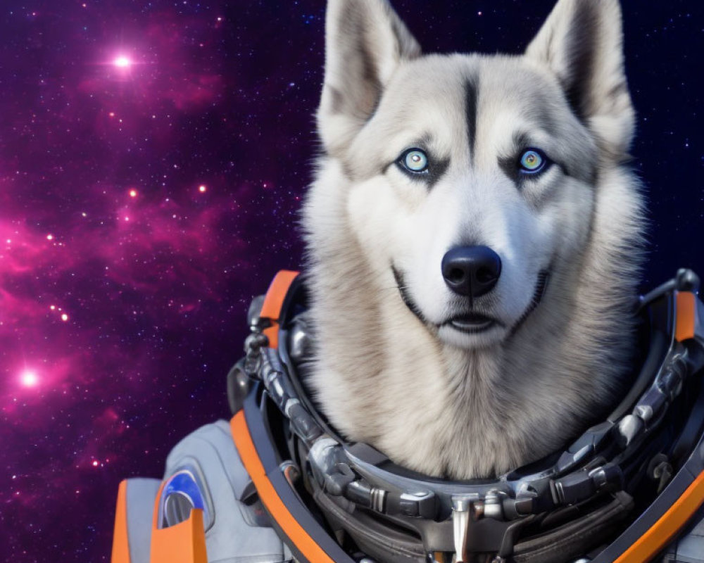 Husky with Heterochromia in Orange and Grey Spacesuit