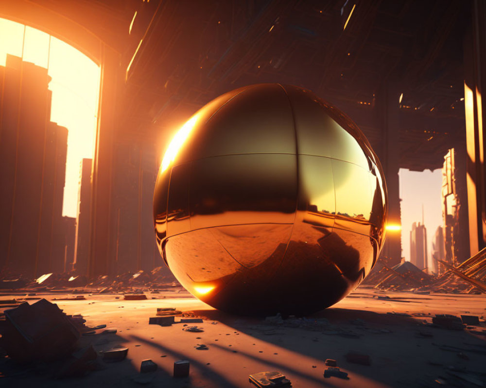 Golden Sphere in Dystopian Cityscape with Sunlit Arches