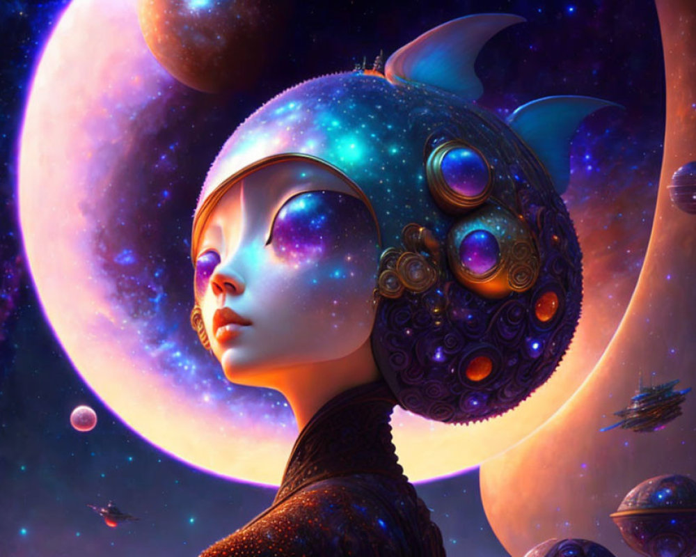 Surreal image of woman with cosmic headdress and celestial backdrop