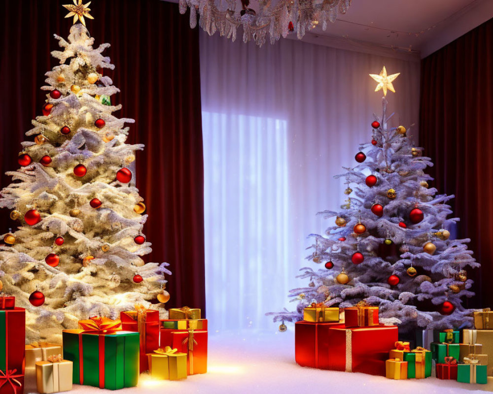 Elegantly decorated Christmas trees with red and gold ornaments and colorful gifts by a window